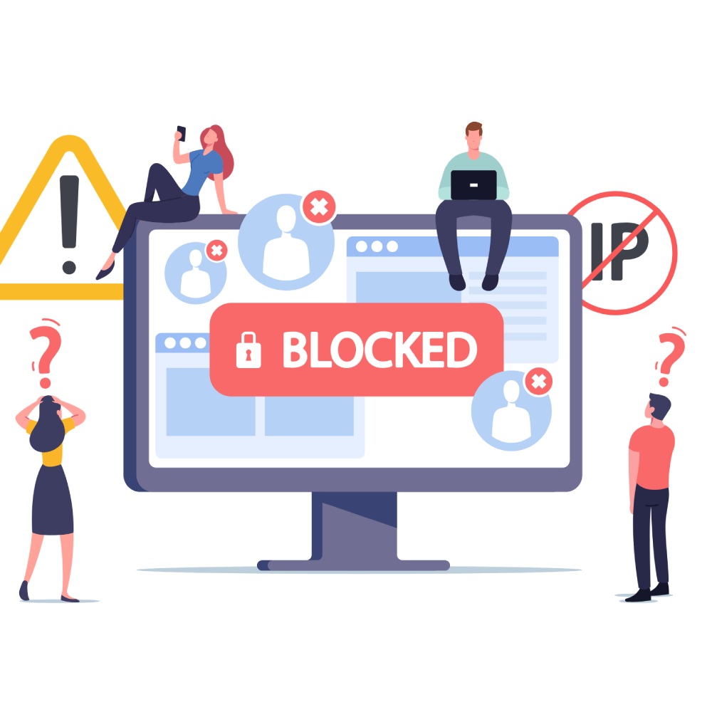 a group of clipart people surrounding a computer screen reading "blocked" and confused as to why they cannot access their devices.